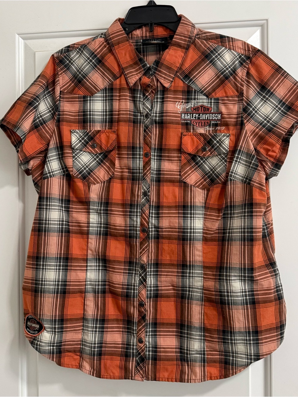 Harley-Davidson Orange Black and White Plaid Short Sleeve Button-Down Shirt